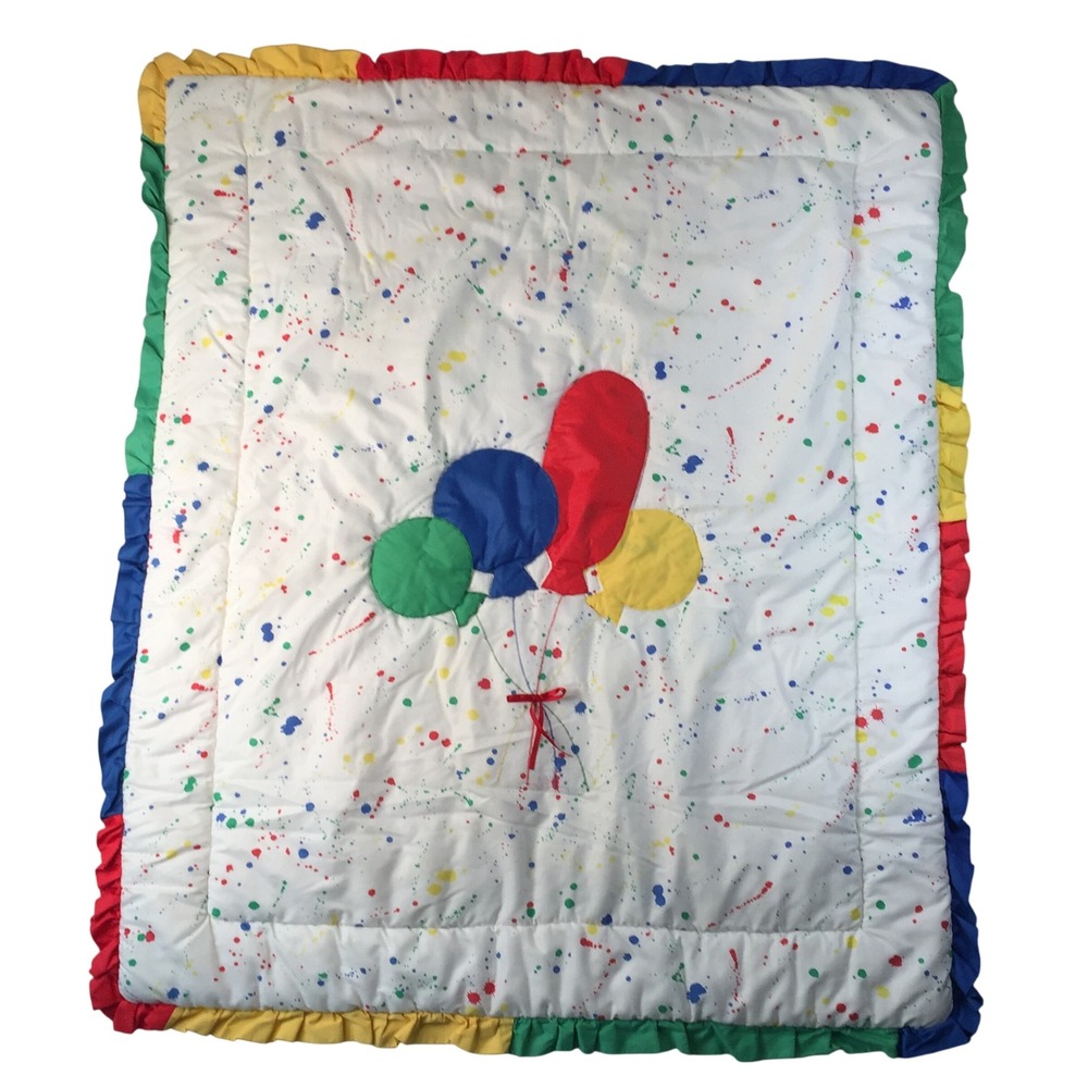 Vtg Baby Quilt 37x45 Blanket White Paint Splatter Balloon Applique Ruffle Trim
